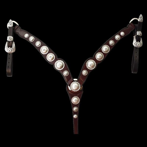 SHAPED BORDEAUX BREAST COLLAR WITH PICO CONCHOS AND FLORAL BUCKLES