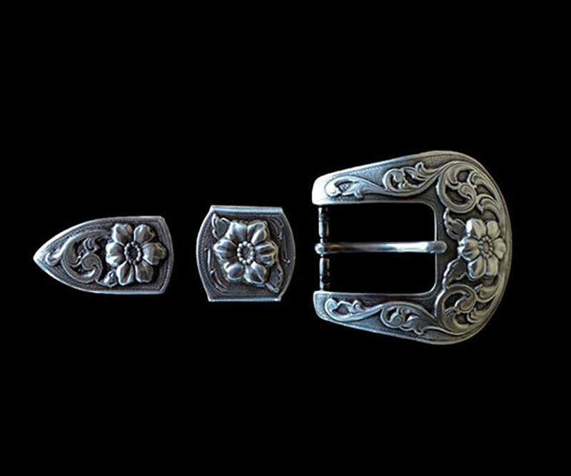 1" Silver Floral Belt Buckle Set