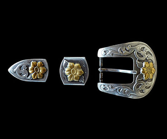 1" Silver Belt Buckle Set with Gold Flowers